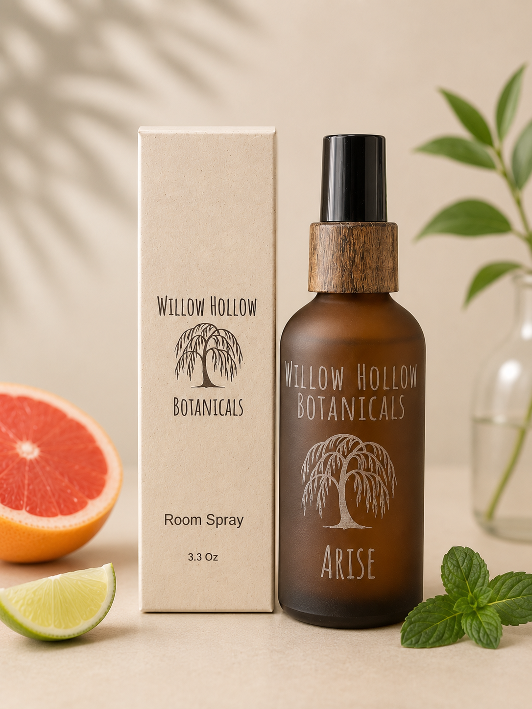 Willow Hollow Botanicals Arise luxury room spray featuring grapefruit, lime, and mint-inspired notes in a frosted amber glass bottle with sustainable packaging.