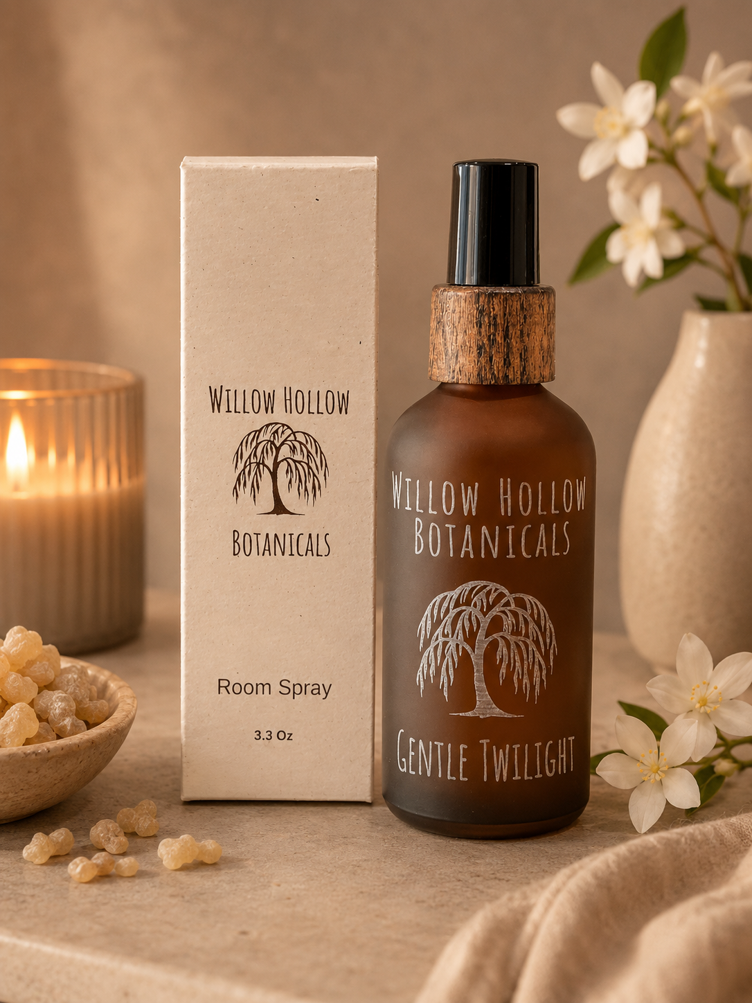 Willow Hollow Botanicals Gentle Twilight luxury room spray featuring vanilla, jasmine, and frankincense notes in a frosted amber glass bottle with sustainable packaging.