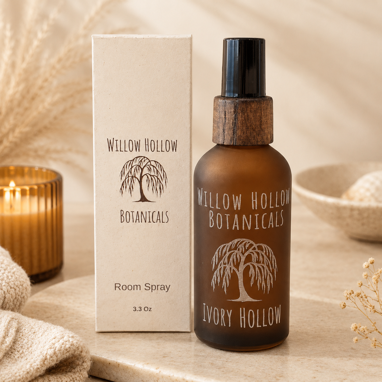 Willow Hollow Botanicals Ivory Hollow luxury room spray featuring warm amber and vanilla notes in a frosted amber glass bottle with sustainable packaging.