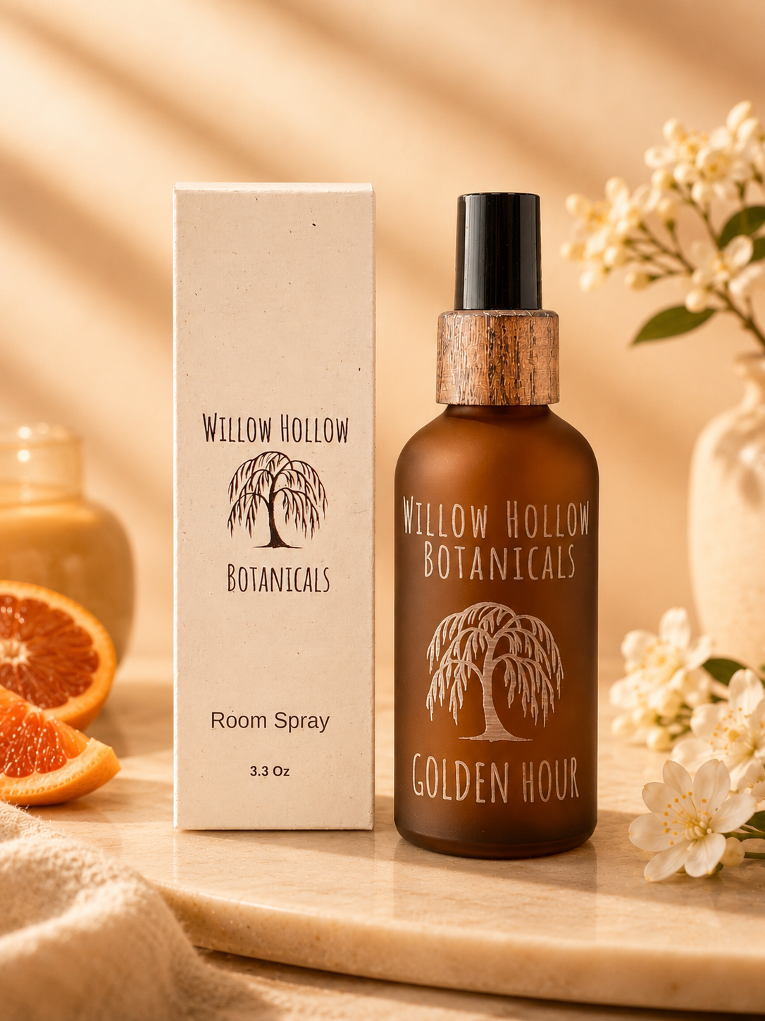 Golden Hour Room Spray by Willow Hollow Botanicals – 3.3 oz amber glass bottle with wood cap, citrus and floral botanical fragrance