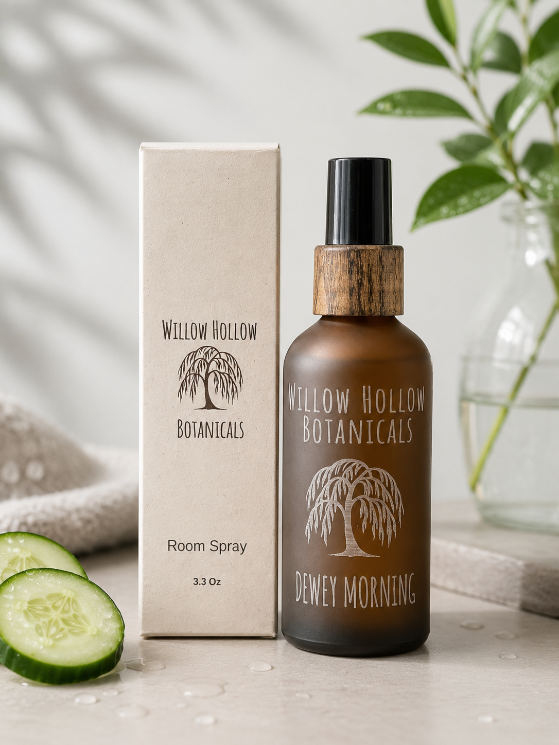 Willow Hollow Botanicals Dewey Morning Room Spray 3.3 oz – frosted amber glass bottle with wood-top pump and gift box, styled with fresh cucumber slices and botanical greenery