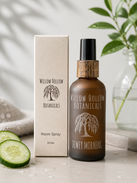Willow Hollow Botanicals Dewey Morning Room Spray 3.3 oz – frosted amber glass bottle with wood-top pump and gift box, styled with fresh cucumber slices and botanical greenery