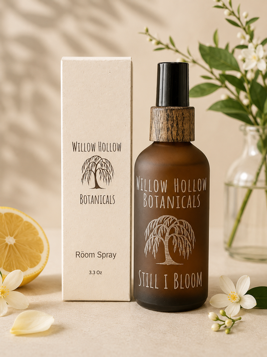 Willow Hollow Botanicals Still I Bloom luxury room spray with lemon blossom-inspired fragrance in a frosted amber glass bottle and sustainable packaging.