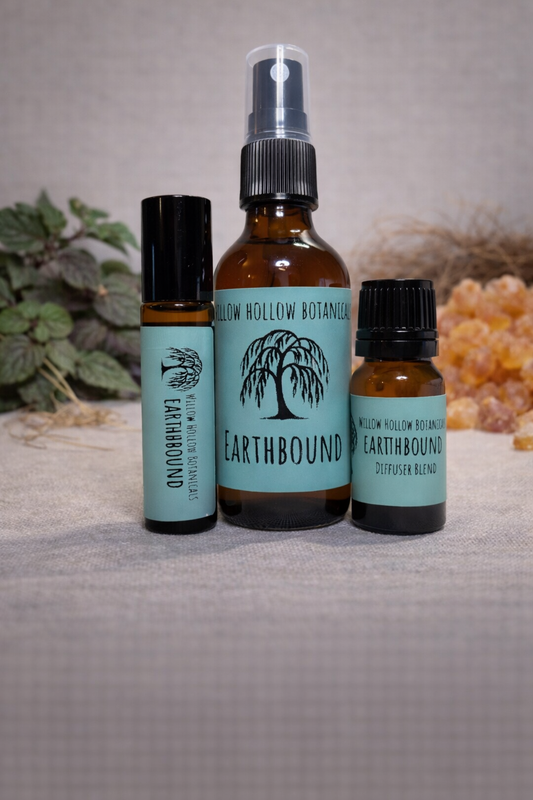 A studio photograph featuring three amber glass bottles from 'Willow Hollow Botanicals' with seafoam green labels labeled 'Earthbound.' The scent profile is a deep, grounding, and earthy blend of rich patchouli, smoky vetiver, and warm, resinous amber. From left to right: a small rollerball bottle, a medium spray bottle, and a small dropper bottle labeled 'Diffuser Blend.' The bottles are arranged on a neutral surface, with a leafy patchouli plant on the left and a pile of golden-brown resin on the right.