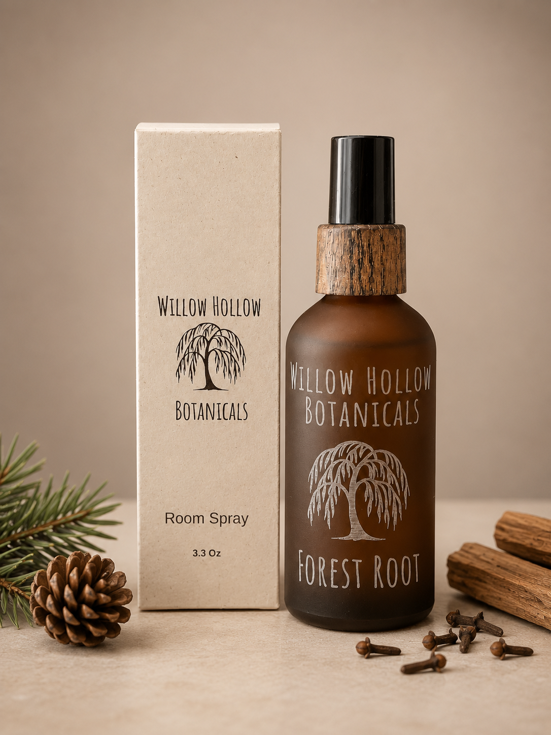 Willow Hollow Botanicals Forest Root luxury room spray featuring pine, cedarwood, and clove notes in a frosted amber glass bottle with sustainable packaging.