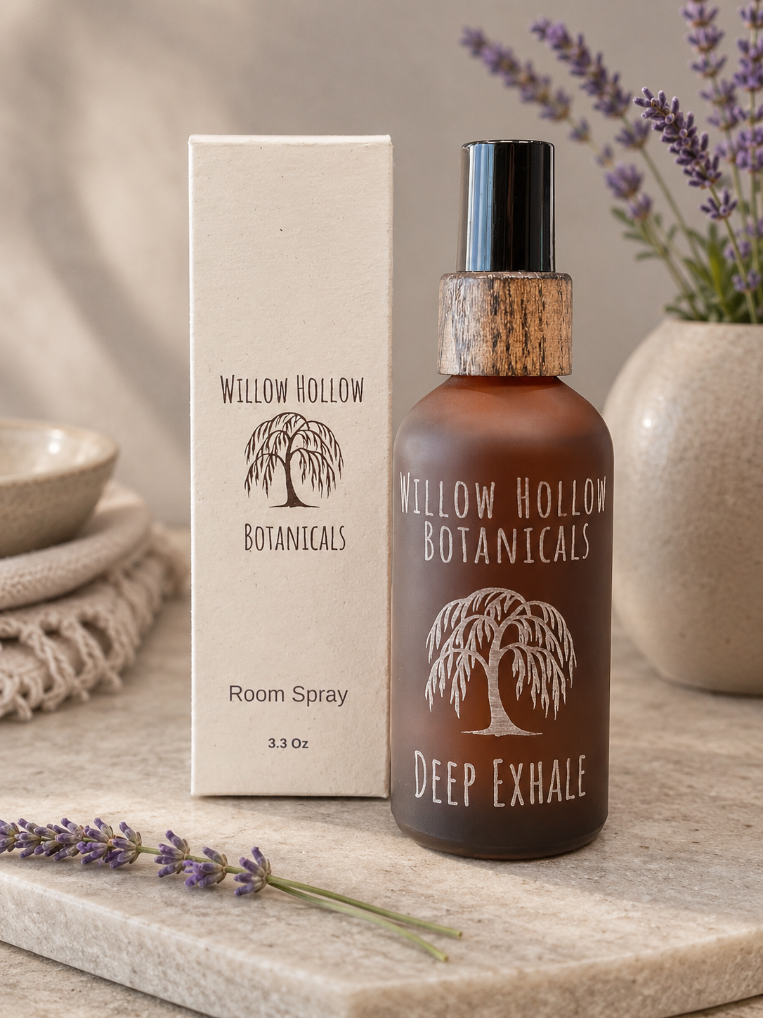 Willow Hollow Botanicals Deep Exhale luxury room spray featuring lavender, chamomile, vetiver, and bergamot notes in a frosted amber glass bottle with sustainable packaging.