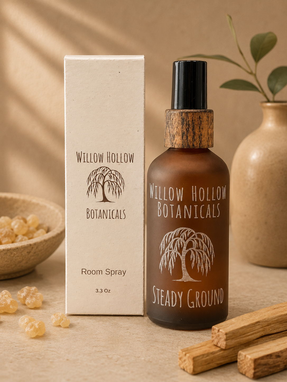 Willow Hollow Botanicals Steady Ground luxury room spray featuring sandalwood, frankincense, and bergamot notes in a frosted amber glass bottle with sustainable packaging.