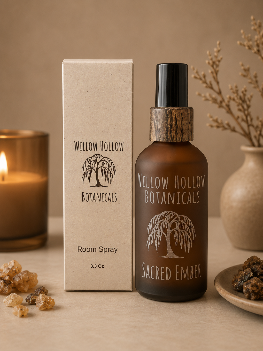 Willow Hollow Botanicals Sacred Ember luxury room spray featuring frankincense, myrrh, and tonka bean notes in a frosted amber glass bottle with sustainable packaging.