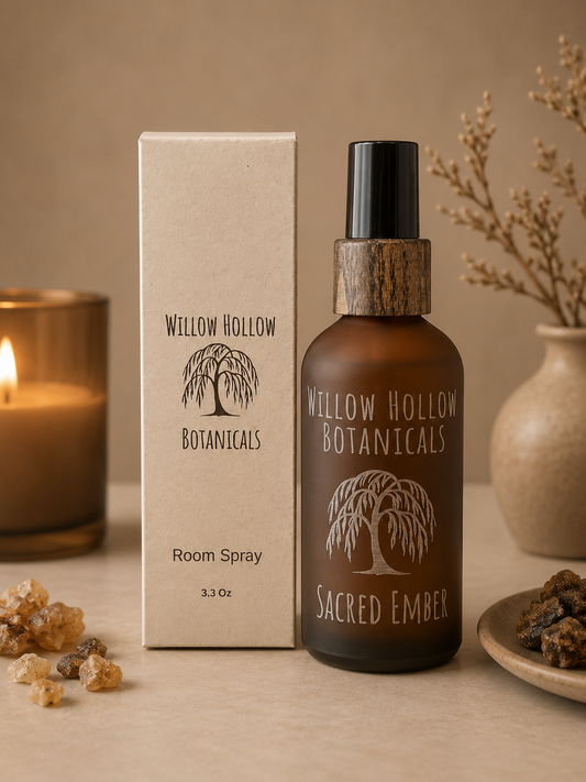 Willow Hollow Botanicals Sacred Ember luxury room spray featuring frankincense, myrrh, and tonka bean notes in a frosted amber glass bottle with sustainable packaging.