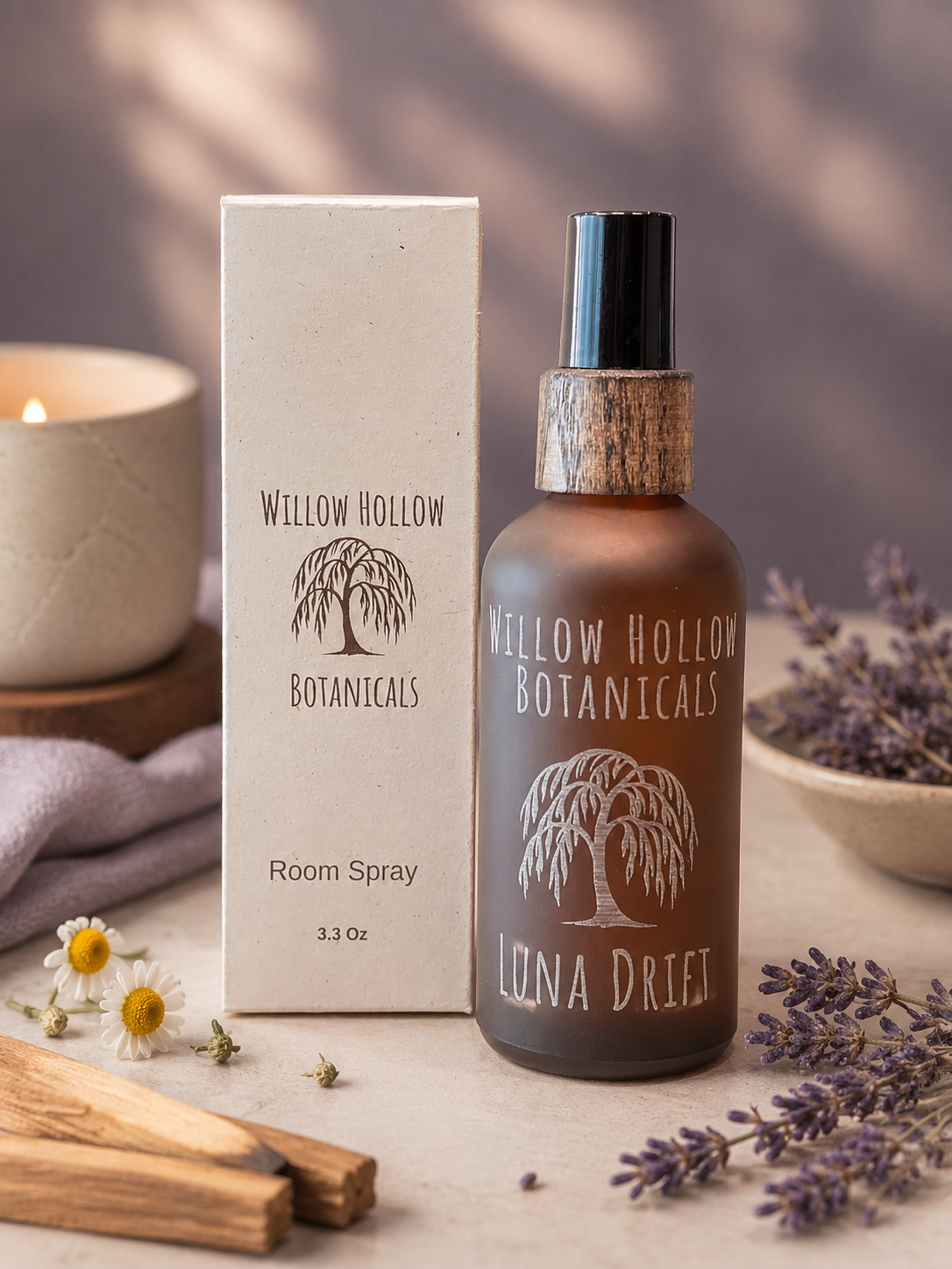 Willow Hollow Botanicals Luna Drift luxury room spray featuring lavender, Roman chamomile, and sandalwood notes in a frosted amber glass bottle with sustainable packaging.