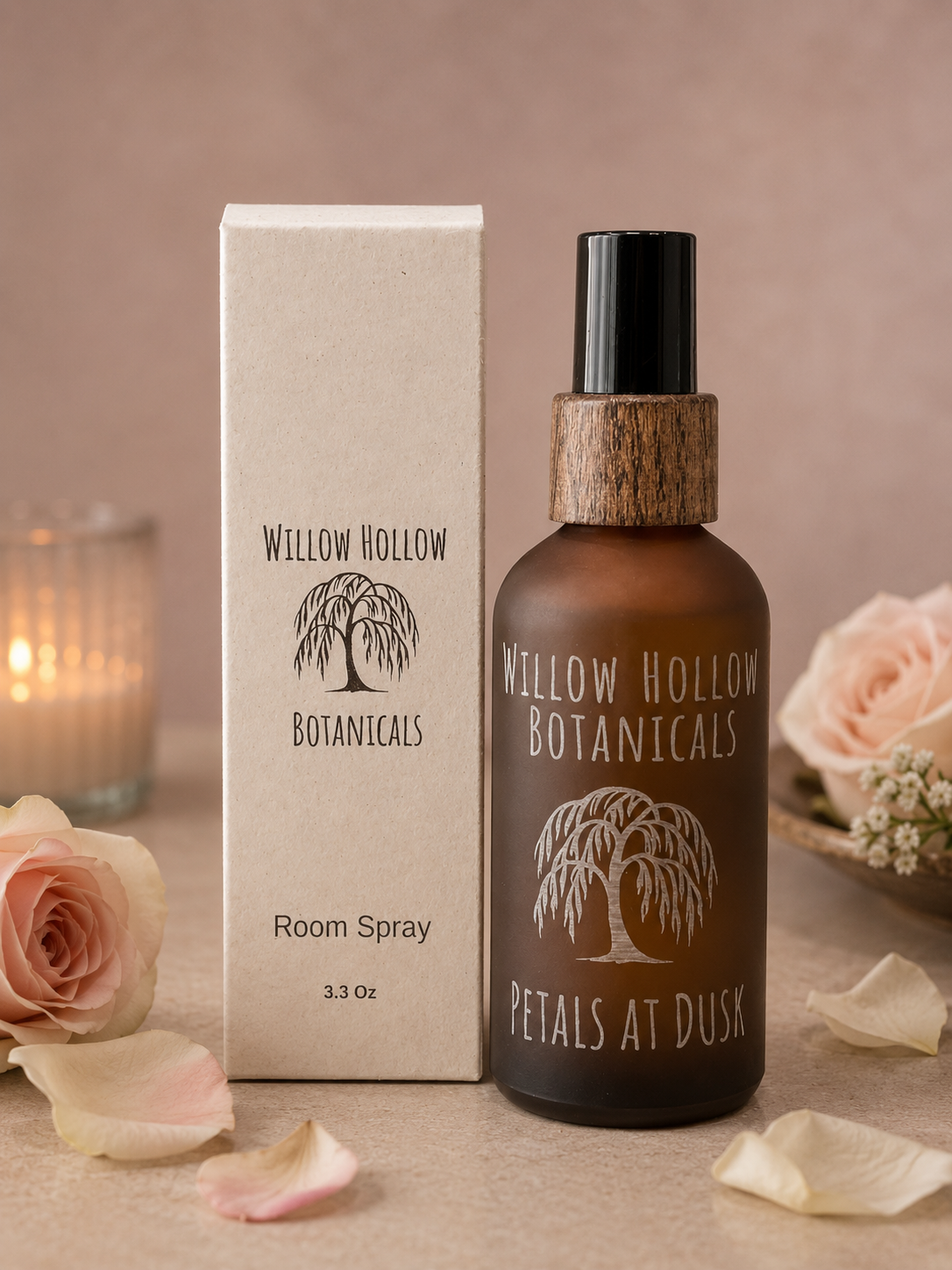 Willow Hollow Botanicals Petals at Dusk room spray in a frosted amber glass bottle with natural box packaging, luxury floral home fragrance with spa-inspired aesthetic.