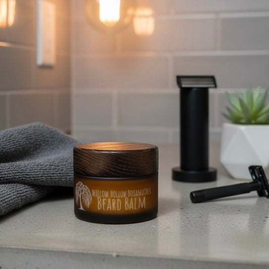Jar of Willow Botanicals Beard Balm on a bathroom counter with grooming tools and a plant in the background.