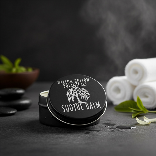 Sooth balm container with 'Willow Hollow Botanicals' branding on a dark background with towels and stones.